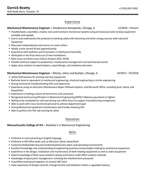 Mechanical Maintenance Engineer Resume Samples Velvet Jobs