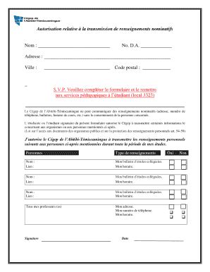 Fillable Online Cegepat Qc Autorisation Relative La Transmission De