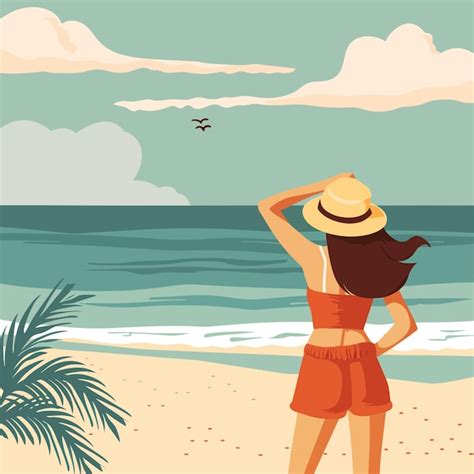 Una mujer en un bikini está de pie en una playa con palmeras en el