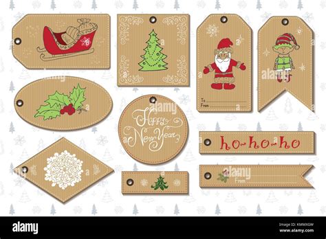 Set Of New Year Gift Tags Vector Template Hand Drawn Sketch Elements