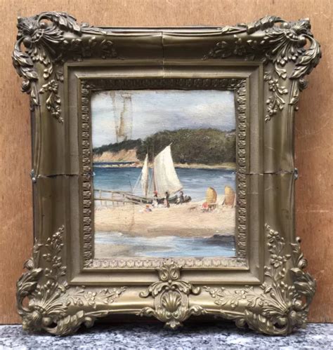 Petit Tableau Impressionniste Ancien Huile Paysage Marine Mer Bateau