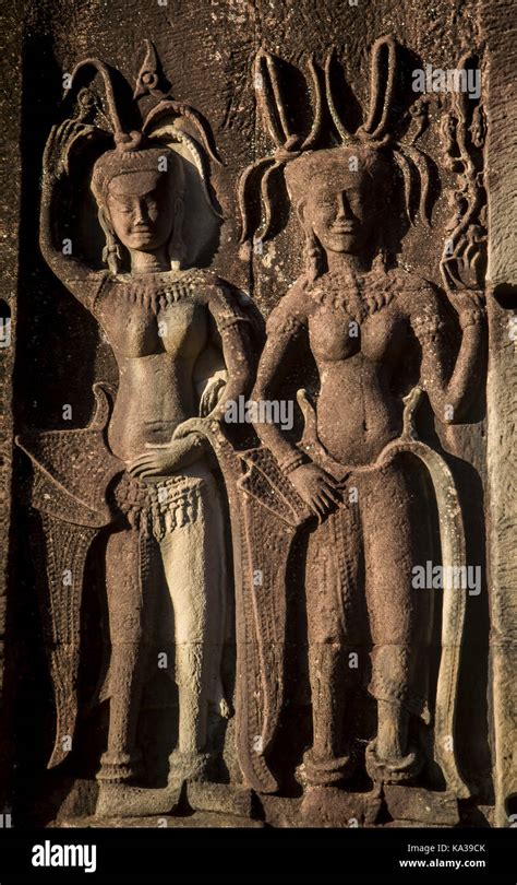 Apsara Sculptures In Bas Relief On The Wall In Angkor Wat Siem Reap