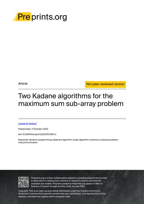 PDF Two Kadane Algorithms For The Maximum Sum Sub Array Problem