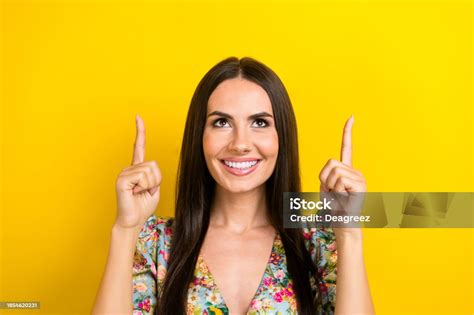 Photo Of Cheerful Gorgeous Girl Wear Trendy Clothes Two Arms Demonstrating Dental Clinic Empty