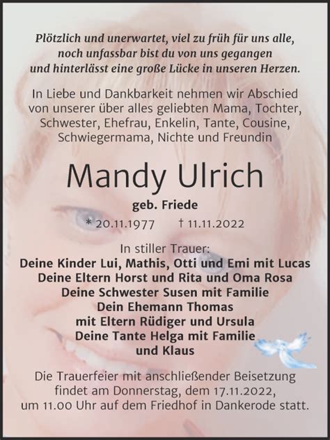 Traueranzeigen Von Mandy Ulrich Abschied Nehmen De