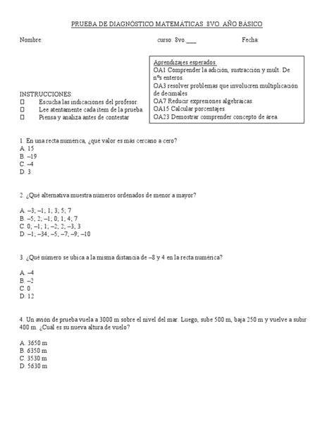 Prueba Diagnóstica Pdf Notación Matemática Matemática Elemental