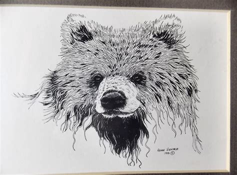 Framed Matted Wildlife Young Bear Art Print, Pen and Ink Animal Art ...