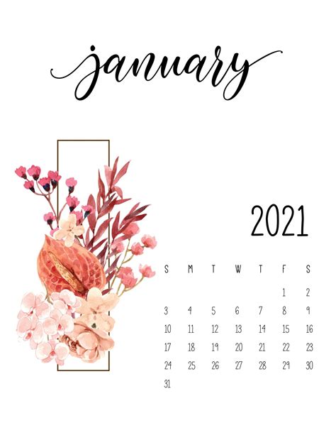 January 2021 Floral Calendar Free | Print calendar, Calendar printables ...