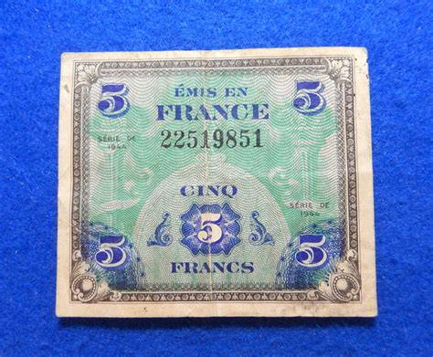 1944 France 5 Francs Allied Military Currency Paper Money WWII