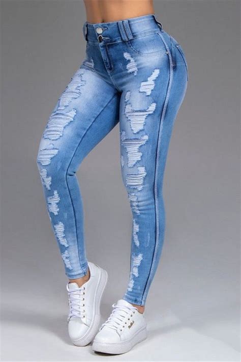 Wholesale Baby Blue Fashion Casual Solid Ripped Mid Waist Skinny Jeans