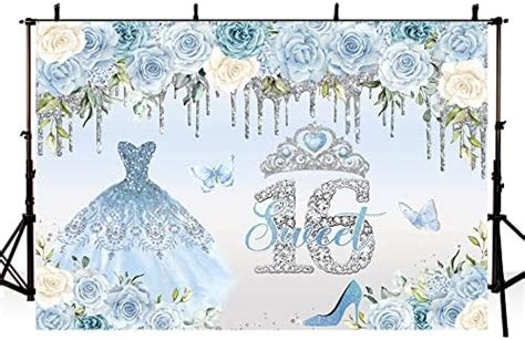 Allenjoy Sweet 16 Silver Blue Bokeh Glitter Backdrop For