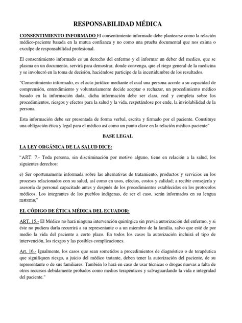 Responsabilidad Medica Medicina Legal Pdf Consentimiento Informado Historial Médico