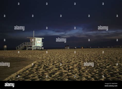 Lifeguard Tower And Beach At Night Santa Monica California USA Stock