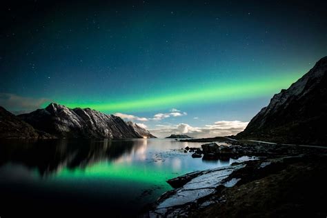 Photography Nature Landscape Starry Night Mountains Fjord Road Aurorae