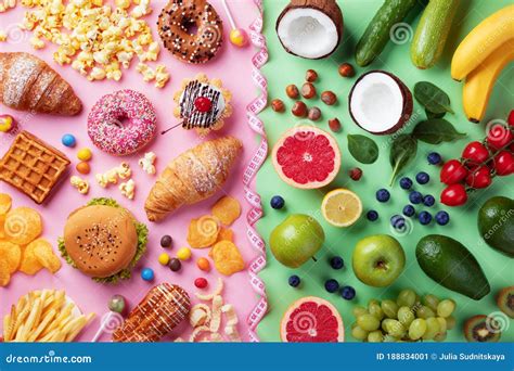 Healthy And Unhealthy Food Background From Fruits And Vegetables Vs