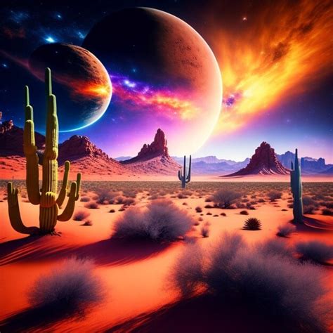 Una Escena Del Desierto Con Un Cactus Y Un Planeta Foto Premium