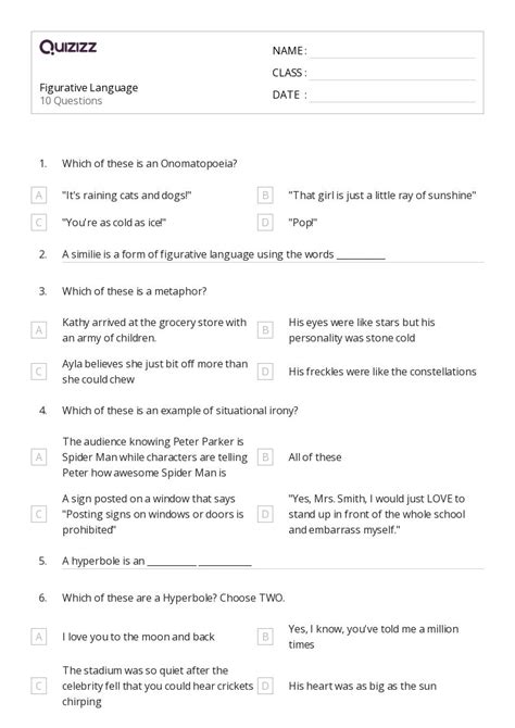 50 Figurative Language Worksheets For 7th Grade On Quizizz Free And Printable