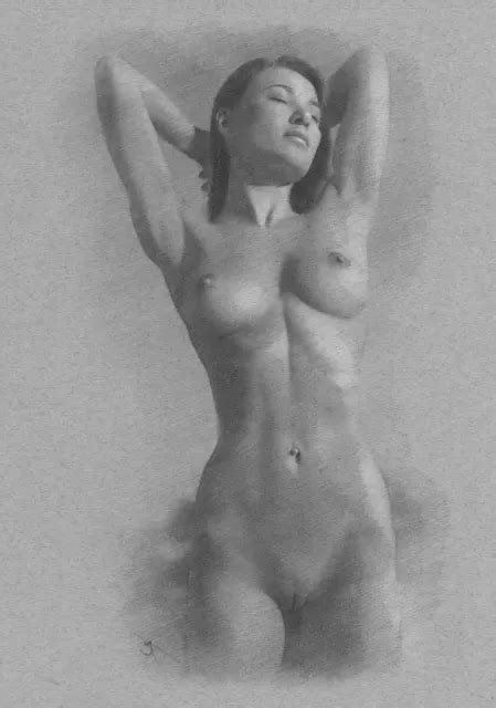 Female Nude Pinup Original Drawing Charcoal Art Realism Naked Woman No