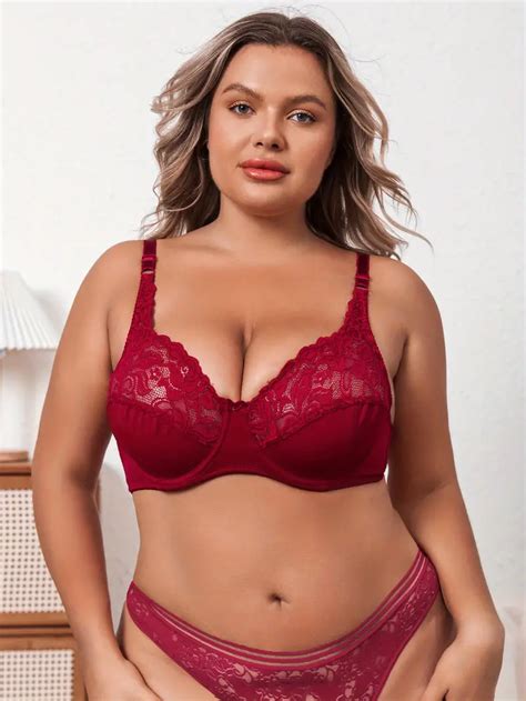 Plus Size Sexy Bra Women S Plus Floral Jacquard Contrast Lace Semi Sheer Medium Stretch Bra Temu