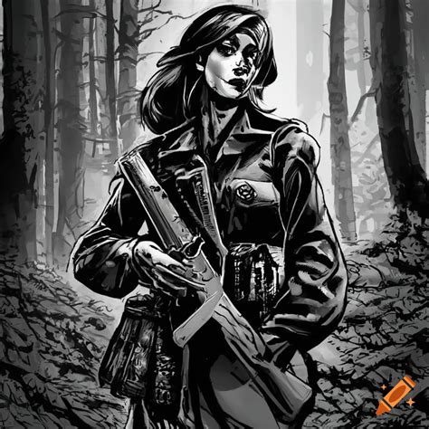 Comic Book Art Of A Muscular French Resistance Fighter In A Forest