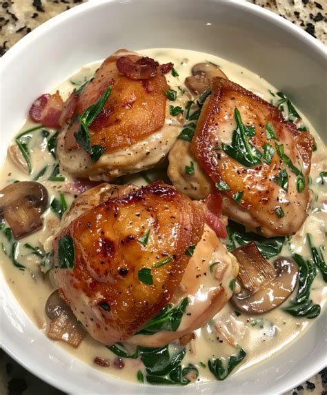 Smothered Chicken With Creamed Spinach Bacon And Mushrooms