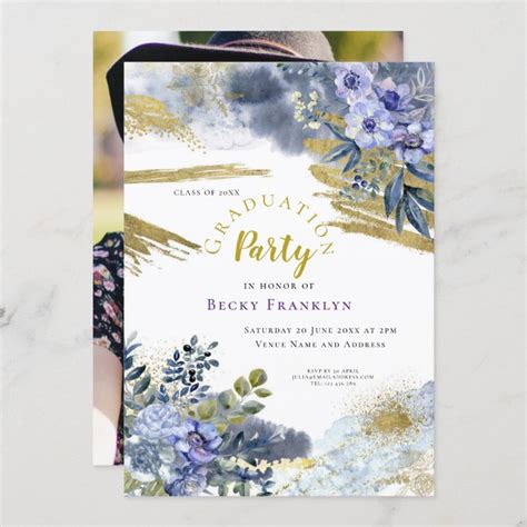 Purple Floral Gold Splashes Photo Graduation Invitation Zazzle