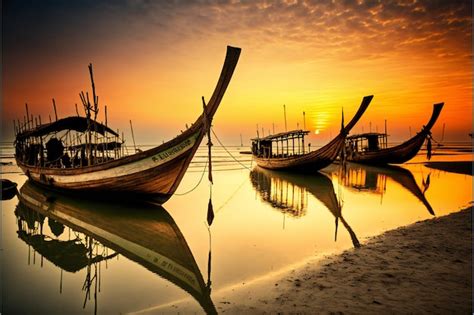 Vista De Los Barcos De Pesca Tradicionales A Lo Largo De La Costa