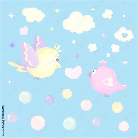 Cartoon birds in the sky with stars, clouds, bubbles Stock Vector ...