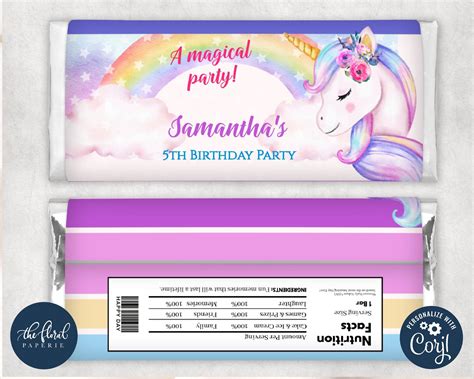 Unicorn Pastel Rainbow Birthday Party Editable Chip Bag Label Wrapper