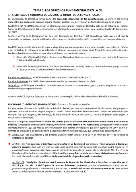 Tema 1 Apuntes Tema 1 Tema 1 Los Derechos Fundamentales En La Ce 1 Significado Y