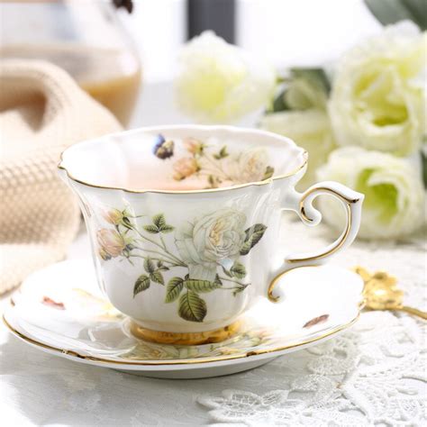 Fine Bone China Coffee Cup Sets White Rose Ceramic Tea Cups And Saucers