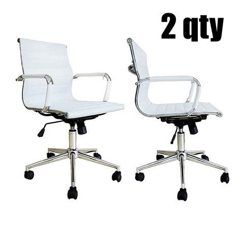 2xhome Set Of 2 White Modern Mid Back Ribbed Pu Leather Swivel Tilt