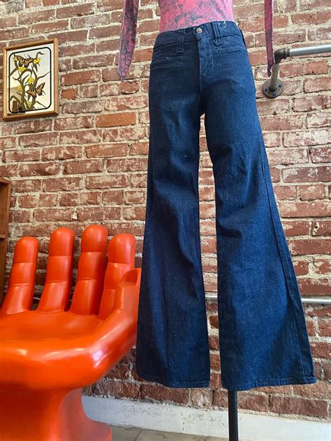 70s Hip Hugger 100 Cotton Dark Denim Flared Jeans Etsy