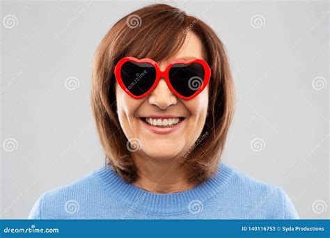 Smiling Senior Woman In Heart Shaped Sunglasses Stock Image Image Of