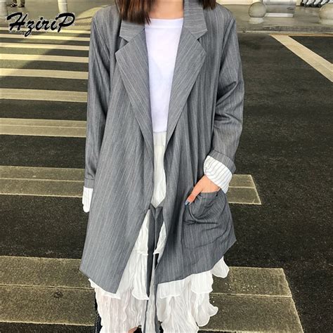 Hzirip Korea Chic Women Long Blazers Spring Autumn Striped Long Sleeve