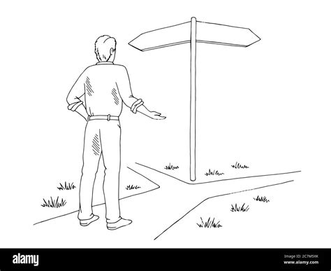 Man Makes A Choice Standing At A Crossroads Graphic Black White Sketch