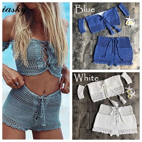 Iasky New Crochet Off Shoulder Women Bikini Sets Sexy High Waist