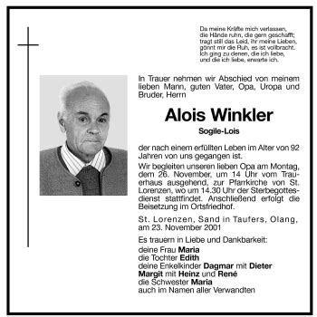 Traueranzeigen Von Alois Winkler Trauer Bz