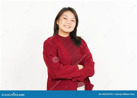 Fold Arms And Smiling Of Beautiful Asian Woman Wearing Red Shirt