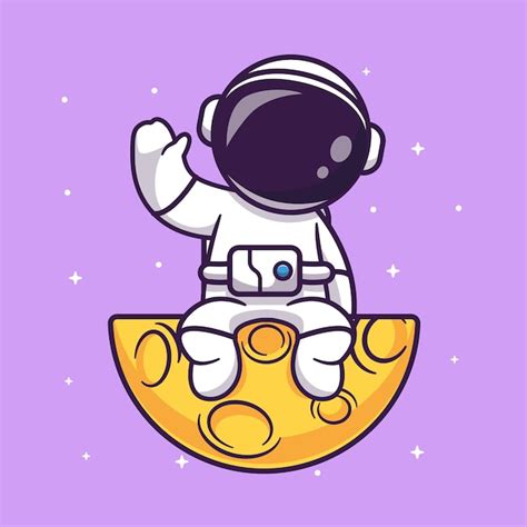 Lindo Astronauta Sentado Y Agitando La Mano En La Luna Dibujos Animados