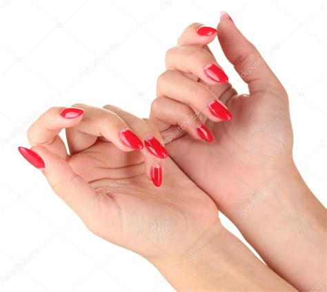 Hermosas manos femeninas con uñas rojas aisladas en blanco 2022