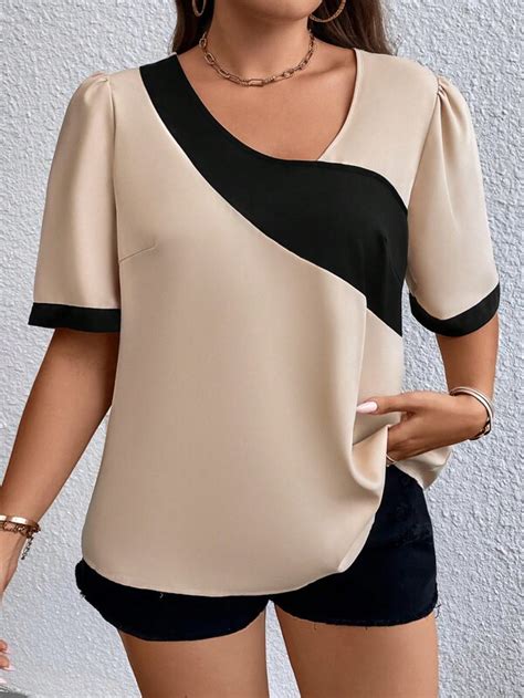 Shein Priv Plus Two Tone Asymmetrical Neck Puff Sleeve Blouse Shein Usa