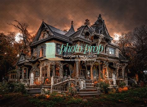 Haunted House Photography Backdrop Halloween Mansion Pumpkins