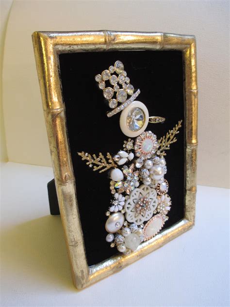 Jeweled Framed Jewelry Art Snowman Black Gold Vintage Pearls Etsy