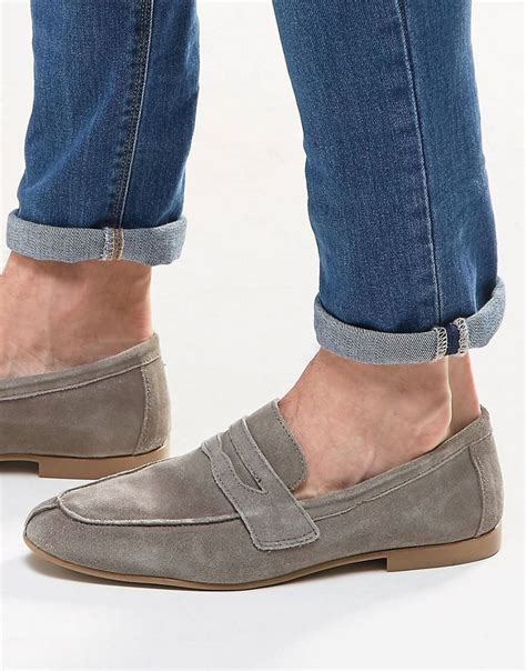 Asos Penny Loafers In Grey Suede At Mens Suede Loafers