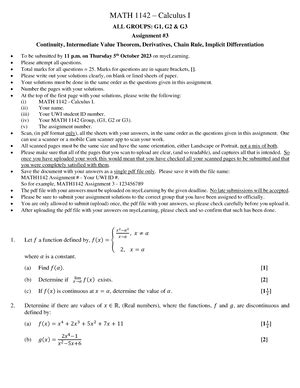 MATH 1142 Assignment 1 MATH 11 42 Calculus I ALL GROUPS G1 G2