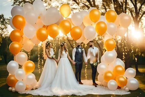 wedding couple in front of a golden balloon arch. AI-Generated 31279923 ...