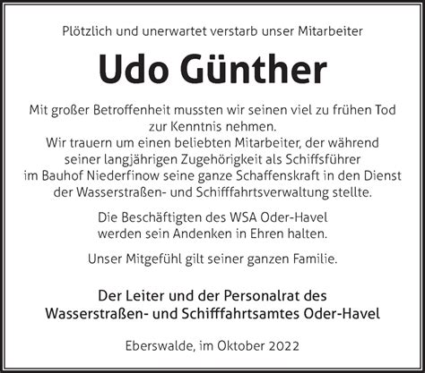 Traueranzeigen Von Udo G Nther M Rkische Onlinezeitung Trauerportal