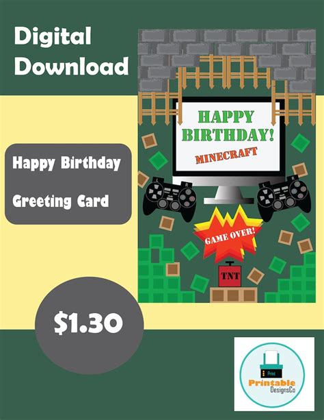 Minecraft Greeting Card Happy Birthday PDF and PNG Digital - Etsy