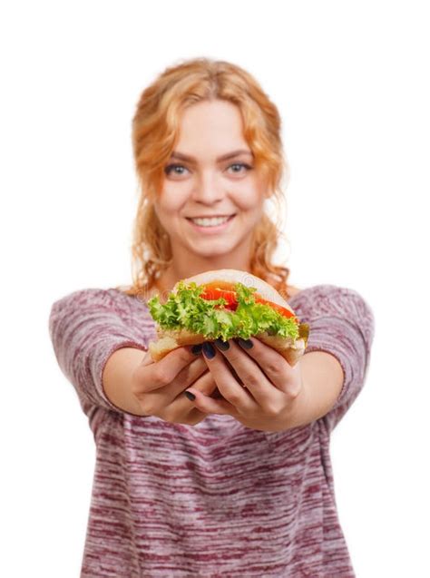 Happy Beautiful Girl With Tasty Juicy Burger Sandwich Hamburger In